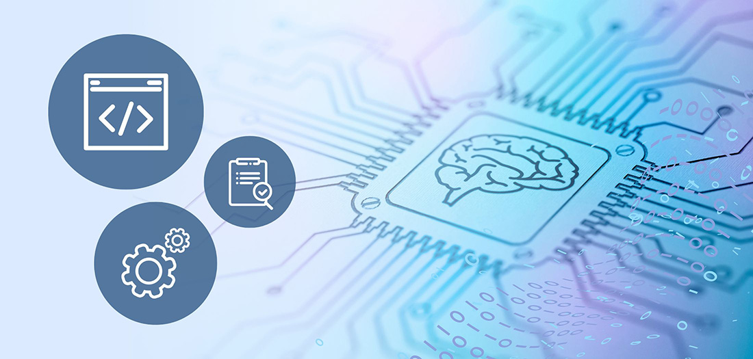 Artificial intelligence concept image with three icons imposed on top — a set of gears, website code, and a clipboard with a checklist — representing how AI interacts with a web interface.