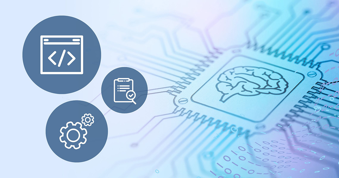 Artificial intelligence concept image with three icons imposed on top — one is a set of gears, one represents code on a website, and the last is a clipboard with a checklist — representing how AI interacts with a web interface.