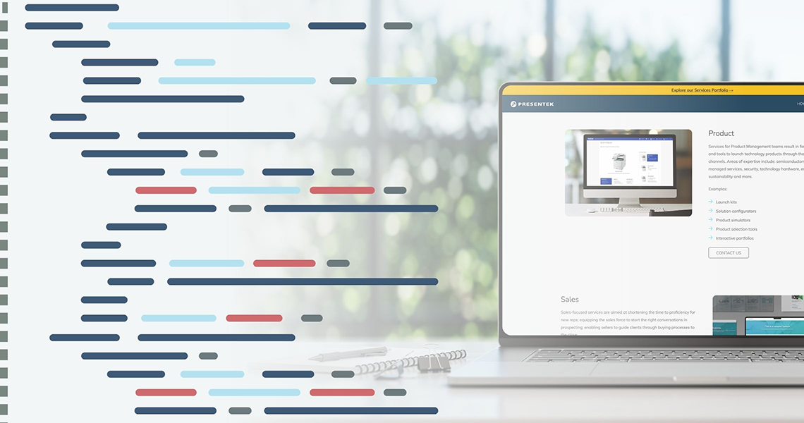 Laptop with lines of code overlayed to represent the process of building a website.