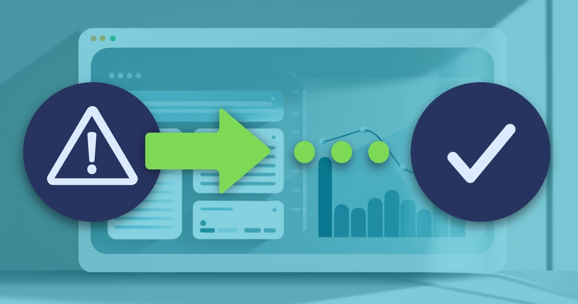 Website interface with charts and stats, and layered on top is a diagram of a warning icon with an arrow pointing toward a checkmark.