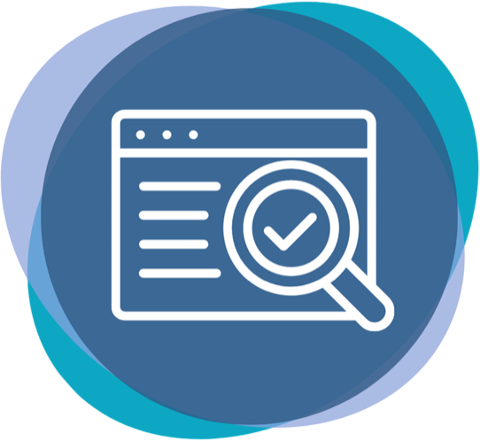 Icon of a website browser being checked by a magnifying glass.