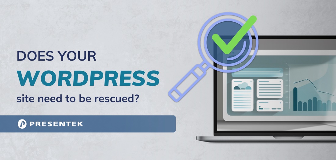 WordPress website audit concept with a laptop, a magnifying glass, and a checkmark.