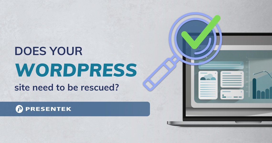 WordPress website audit concept with a laptop, a magnifying glass, and a checkmark.
