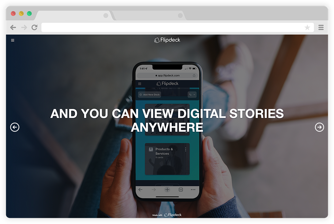 web browser showing mobile phone with flipdeck app with "and you can view digital stories anywhere" overlaid