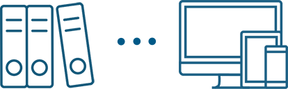 3 books with ellipses leading to group of devices